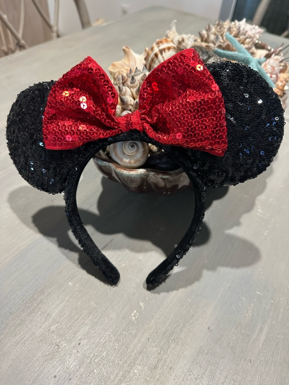 Disney Sequin Minnie Mouse Ears with Sequin Red Bow on black sequin headband